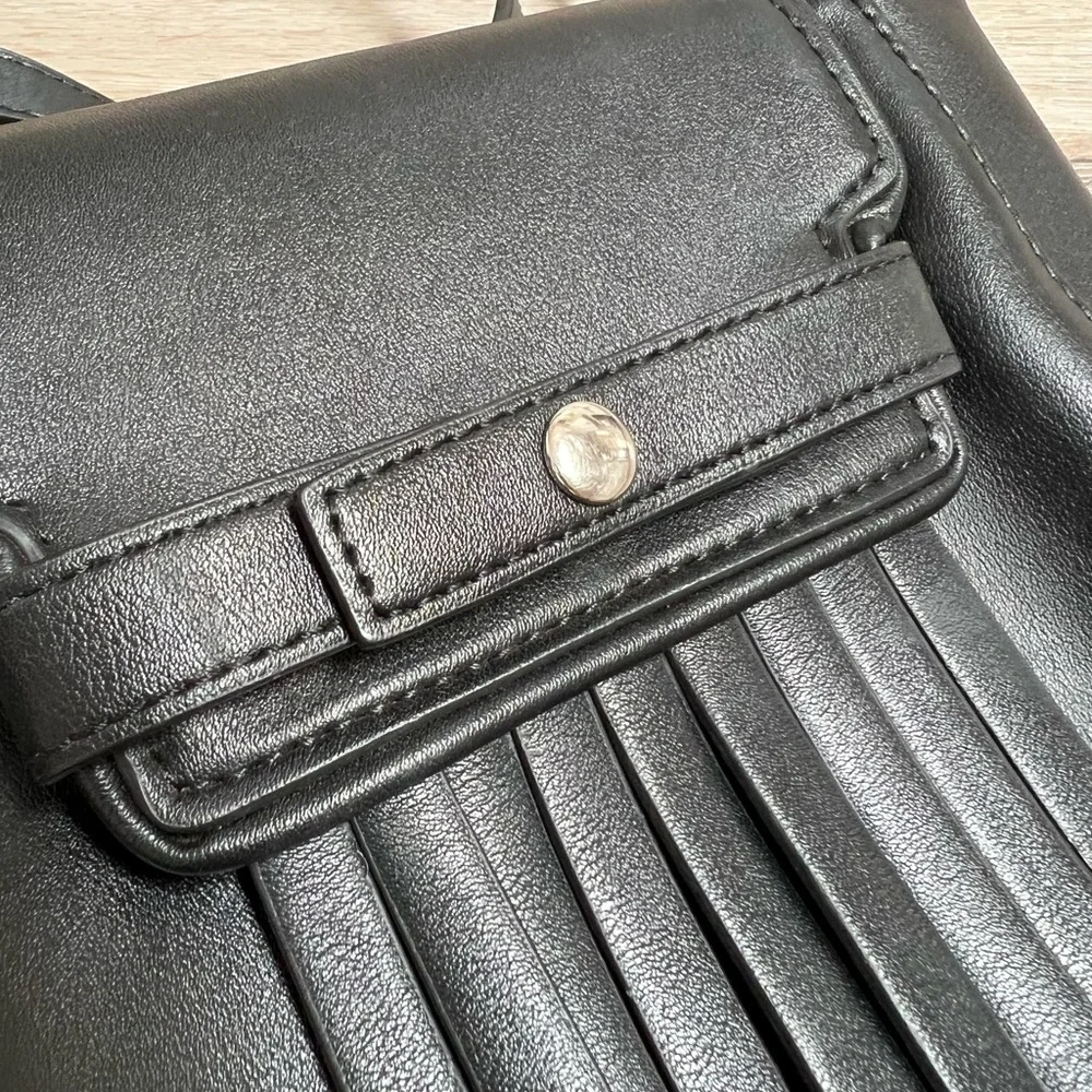 Neiman Marcus Black Fringe Faux Leather Crossbody Purse